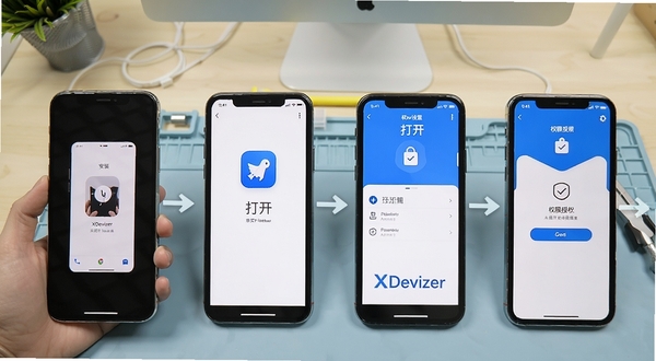 XDevizer安装与权限设置操作流程图,画面展示手机屏幕从安装到打开软件再到权限授权的分步界面,背景为浅色工作台场景,风格简洁明快