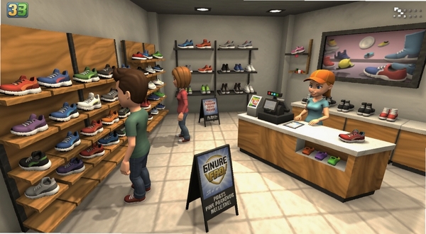 鞋店模拟器3D安装器生成的3D鞋店内部场景图,展示顾客正在货架前挑选运动鞋,收银台有店员操作,地面有促销展架,整体风格卡通写实