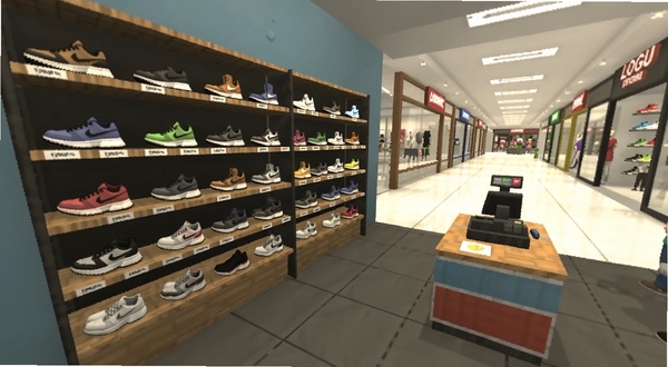 鞋店模拟器3D安装器主界面预览图,画面中央是3D鞋店场景,货架上摆满各式运动鞋,收银台位于右侧,背景为明亮商场走廊,适配Boogu模型生成