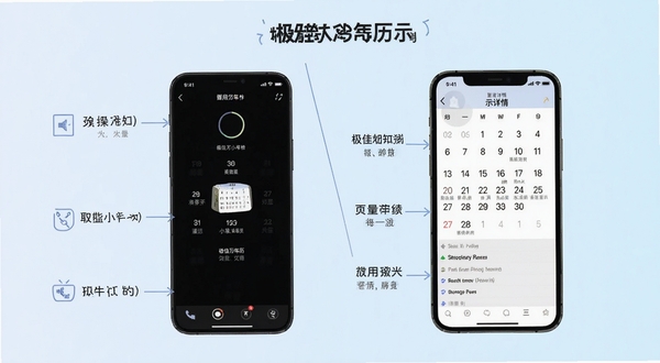 极佳万年历使用教程示意图,画面左侧为手机添加桌面小组件的操作步骤截图,右侧为日历详情页标注说明,背景为淡蓝色渐变,整体排版清晰易读