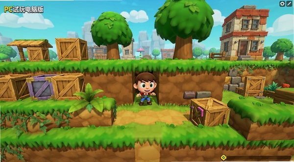 捉迷藏PC试玩电脑版 主界面全景预览图,画面中央是卡通风格的游戏角色在复杂地形中躲藏,背景区域展示丰富的场景元素如箱子、树木和建筑,整体色调明亮活泼,适配Boogu模型生成