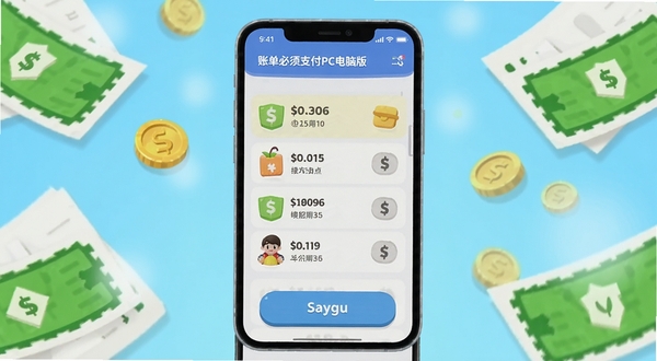 一款名为账单必须支付PC电脑版的安卓软件主界面展示,画面中央为手机屏幕特写,屏幕内显示卡通风格的账单列表与支付按钮,背景为浅蓝色渐变桌面,周围散落金币与账单纸张元素,整体色调明亮活泼,适配Boogu模型生成