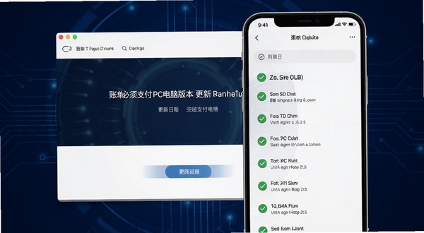 账单必须支付PC电脑版版本更新界面截图,手机屏幕显示更新日志列表,背景为深蓝色科技感风格,列表项带有绿色对勾图标,整体简洁明快