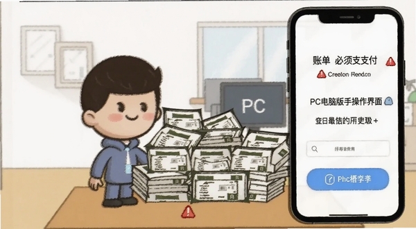 账单必须支付PC电脑版新手操作界面截图,手机屏幕显示卡通人物面对一堆账单,界面中有红色警告图标与蓝色提示按钮,背景为简洁的办公室场景,插画风格清新