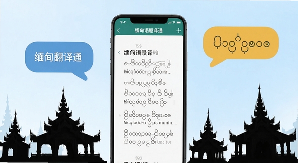 一款名为缅甸语翻译通的手机翻译软件界面展示,画面中央为手机屏幕正视图,屏幕显示中文与缅甸语双语对照的翻译结果,背景为柔和淡蓝色渐变,周围环绕缅甸特色建筑剪影与文字气泡元素,整体风格清爽现代,适合软件下载站展示