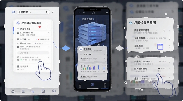 灵犀数据移动端操作界面与权限设置示意图