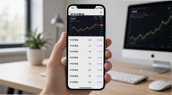 中马中联金 软件主界面 手机屏幕中央展示行情列表 背景为简洁的办公桌面 自然光线 高清细节