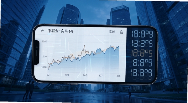 中马中联金 实时行情页面 手机显示折线图与数字跳动 背景为现代都市写字楼 科技感蓝色调