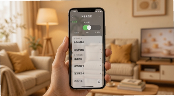 中马中联金 消息提醒设置界面 手机屏幕显示开关按钮与列表 背景为柔和暖色调 居家环境