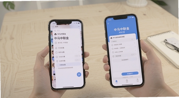 中马中联金 使用教程示意图 手机展示权限设置与安装步骤 背景为浅色桌面 简洁风格