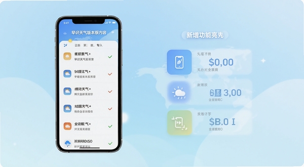 早识天气版本更新内容示意图,手机屏幕展示更新日志列表与新增功能亮点,背景为柔和渐变浅蓝色