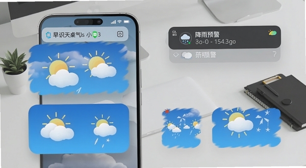 早识天气桌面小组件与通知栏提醒效果图,手机主屏展示不同尺寸天气组件,通知栏显示降雨预警,背景为简约办公桌面
