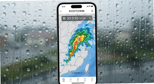 早识天气分钟级降水预报功能界面,手机屏幕显示动态雷达图与倒计时提示,背景为雨滴滑落玻璃窗的虚化效果,画面明亮清晰
