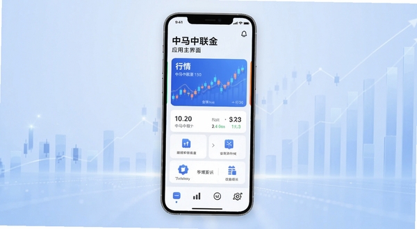 中马中联金应用主界面展示,手机屏幕居中,背景为浅蓝色渐变金融风格,界面包含行情卡片与功能图标,整体简洁商务,适合Boogu模型生成