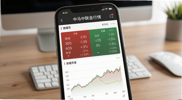 中马中联金行情页面展示,手机屏幕特写,界面显示红绿涨跌数据与曲线图,背景为办公桌面,风格专业简洁,适合Boogu模型生成
