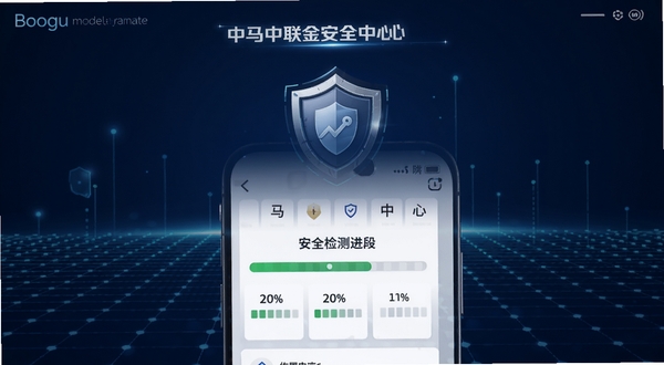 中马中联金安全中心界面,盾牌图标居中,背景为深蓝色科技感网格,手机屏幕显示安全检测进度,适合Boogu模型生成