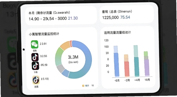 小智管流量监控统计页面,画面展示手机屏幕中流量使用环形图与柱状图,按应用排列显示微信、抖音、浏览器等图标及对应流量数值,顶部显示本月剩余流量和套餐总量,背景为白色卡片式布局,配色柔和,适配Boogu模型生成