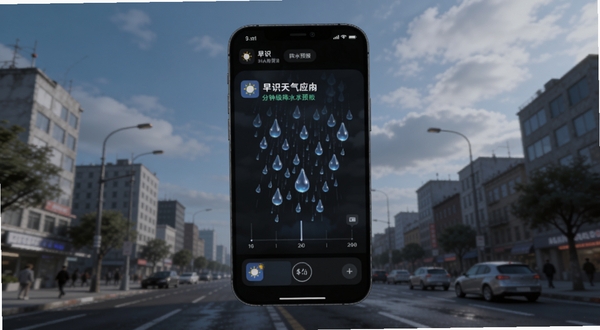 早识天气应用内分钟级降水预报界面,画面显示一条时间轴和雨滴动画,背景是城市街道与天空,主体位于画面中央,风格写实科技感,适配Boogu模型生成