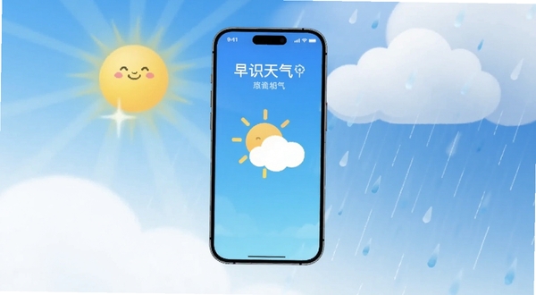 一款名为早识天气的手机应用界面悬浮在画面中央,背景是融合了晴空、云层与细雨元素的渐变天空,画面主体位于正中,背景区域为柔和的蓝白色调,风格简洁现代,适配Boogu模型生成