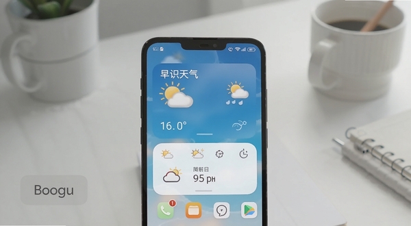 早识天气应用在手机桌面上显示小组件的场景,画面主体为一部安卓手机,背景是简约的室内桌面,手机屏幕清晰展示天气小组件,风格清新写实,适配Boogu模型生成