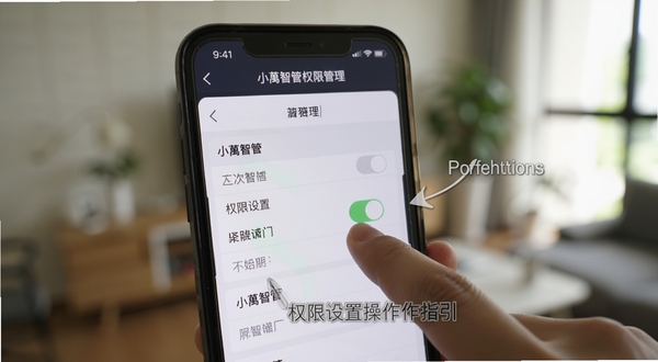 小智管 权限设置操作指引 画面为手机屏幕特写 手指正在点击权限开关 屏幕内容显示小智管权限管理页面 背景为虚化的室内环境 突出操作引导与界面细节