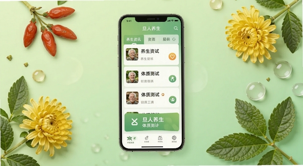 旦人养生软件主界面展示,画面中央为手机屏幕,屏幕上显示养生资讯列表和体质测试入口,背景为浅绿色渐变,周围点缀枸杞、菊花等养生元素,整体风格清新自然,适配Boogu模型生成