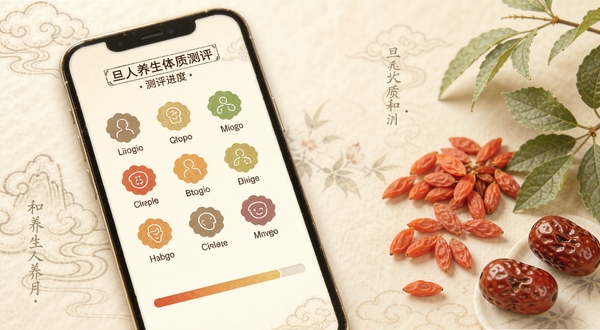 旦人养生体质测评页面,手机屏幕显示九种体质图标和测评进度条,背景为淡雅的中医风格纹理,画面一角有枸杞和红枣点缀,整体色调温暖柔和