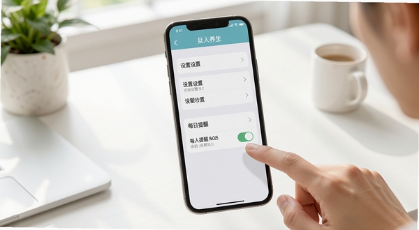 旦人养生使用教程示意图,手机屏幕显示设置菜单和每日提醒开关,手指点击屏幕的动作,背景为简洁的桌面环境,光线明亮,画面清晰易懂