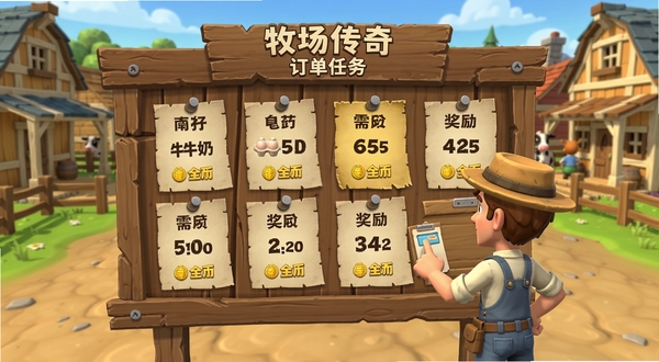 牧场传奇订单任务面板,木质公告板风格,上面贴着几张订单纸条,写着牛奶、鸡蛋、玉米等需求数量和金币奖励,旁边有玩家角色正在查看,背景是牧场小镇街道,卡通写实风格,突出任务交易玩法