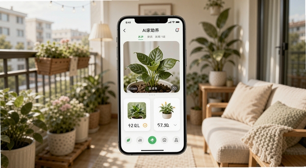 AI家庭养花助手软件主界面全貌展示,画面中央为手机屏幕内呈现绿植识别结果与养护卡片,背景区域为温馨家居阳台场景,柔和自然光线,写实风格,细节清晰