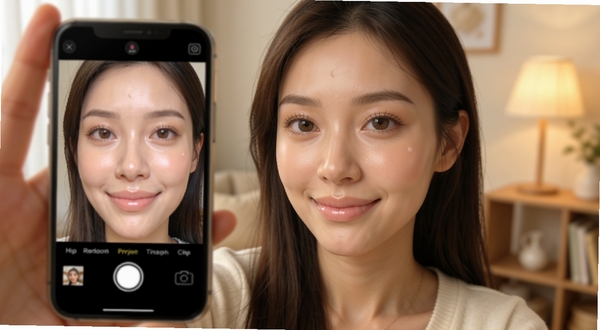 一位年轻女性使用美颜特效P图相机自拍的场景,手机屏幕中显示经过智能美颜处理后的面部特写,肤色均匀透亮,背景是温馨的室内光线,画面整体呈现自然清新的美颜效果,突出美颜特效P图相机的AI美颜功能