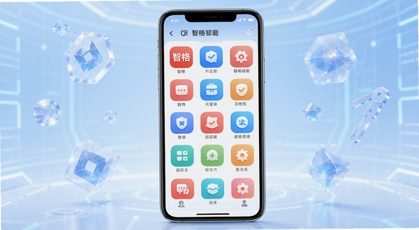 智格超能app主界面全貌展示,画面中央为手机屏幕正视图,屏幕内呈现智格超能的功能图标网格布局,背景为浅蓝色渐变科技感空间,周围漂浮半透明的几何工具图形,整体风格简洁明亮,适配Boogu模型生成。