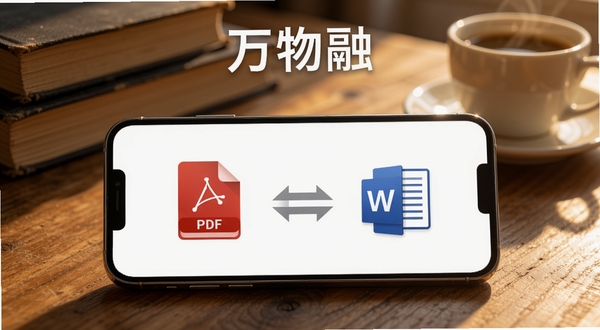 一部手机放置在木质桌面上,屏幕显示万物融的文件转换界面,左侧是PDF文档图标,右侧是Word文档图标,中间有双向箭头表示转换,背景有书本和咖啡杯,暖色调光线,写实风格,突出软件名称“万物融”在屏幕顶部