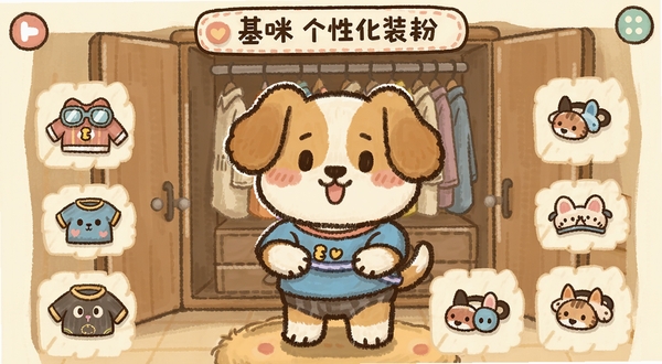 狗基咪个性化装扮界面,展示多款可爱服装和配饰图标,狗基咪正在试穿一件小衣服,背景是衣柜样式的装饰面板,整体呈现卡通手绘风格
