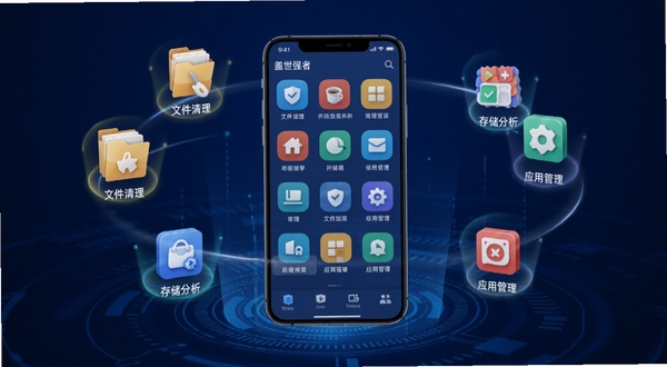 盖世强者软件主界面全貌展示,画面中央为手机屏幕悬浮于深蓝色科技感背景之上,屏幕内清晰呈现盖世强者的功能图标网格布局,四周环绕着文件清理、存储分析、应用管理等元素的光影特效,整体风格简洁明快,适配Boogu模型生成,alt=盖世强者预览图