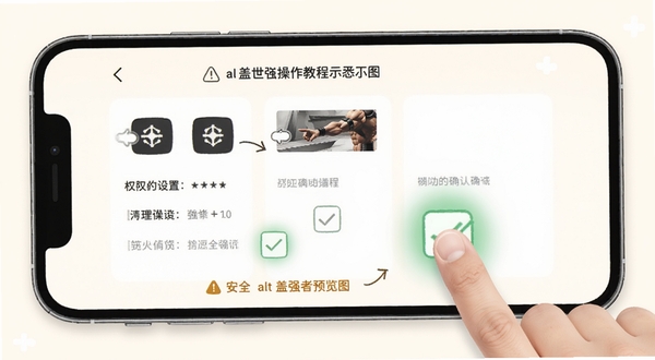 盖世强者操作教程示意图,手机屏幕展示权限设置与清理确认界面,背景为柔和米白色,画面中有手指点击图标和勾选框高亮效果,突出操作指引与安全提示,alt=盖世强者预览图