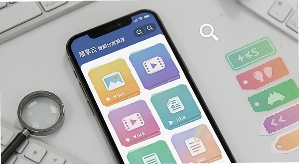 丽享云智能分类管理功能界面,画面中手机屏幕显示彩色文件分类卡片,图片、视频、文档图标整齐排列,背景为浅灰色办公桌面,旁边有放大镜搜索图标和标签贴纸元素,整体呈现高效整理氛围,适配Boogu模型生成