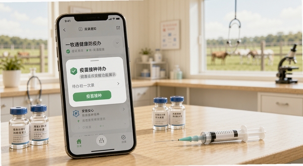 一牧通健康防疫提醒功能展示,手机屏幕弹出疫苗接种待办通知,背景是整洁的牧场兽医室场景,桌面上摆放着疫苗瓶与注射器,画面明亮温暖,体现专业与安心感