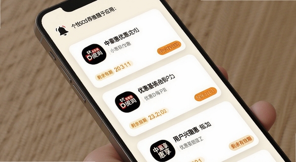 中豪惠享应用内的个性化推荐页面,手机屏幕显示基于用户兴趣生成的优惠卡片流,每张卡片包含商家图标、优惠描述和剩余有效期标签,界面背景为柔和的米白色,卡片采用圆角设计并带有轻微阴影,顶部有订阅提醒的铃铛图标,整体风格清新简洁,突出个性化与实用感