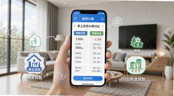 掌上房贷月供计算功能展示图,画面中一部手机显示等额本息与等额本金对比结果,旁边有商业贷款与公积金贷款图标,背景为现代家居场景,突出房贷计算主题