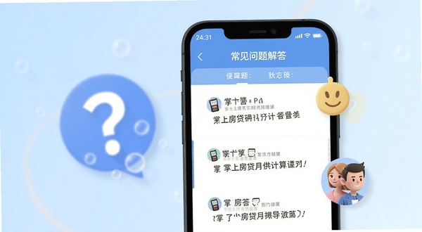 掌上房贷月供计算问答场景图,画面中手机屏幕显示常见问题解答界面,旁边有问号图标与用户头像,背景为浅色渐变,风格亲切友好