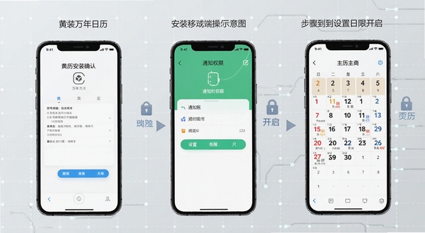 黄历万年日历移动端操作示意图,展示手机屏幕从安装到设置权限的步骤流程,画面分为三个手机界面依次排列,分别显示安装确认、通知权限开启、日历主界面,背景为浅灰色科技感网格,适配Boogu模型生成