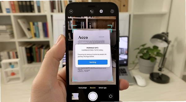 Accio新手使用场景示意图,手机拍摄纸质文档,屏幕显示扫描预览与权限设置弹窗,背景为书房环境,画面明亮清晰