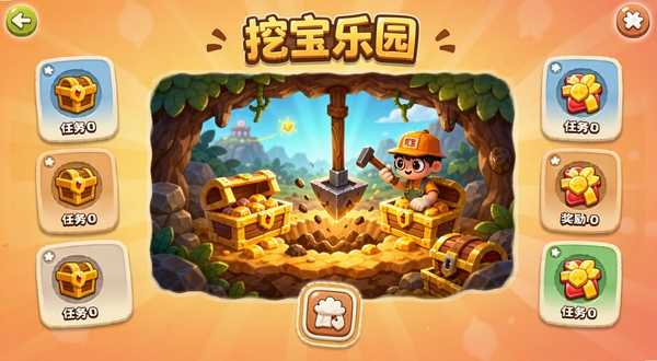 挖宝乐园软件主界面全景展示,画面中央是明亮的宝藏挖掘场景,四周环绕任务卡片和奖励图标,背景为柔和的暖色调渐变,整体风格卡通可爱,突出挖宝乐园的核心玩法氛围