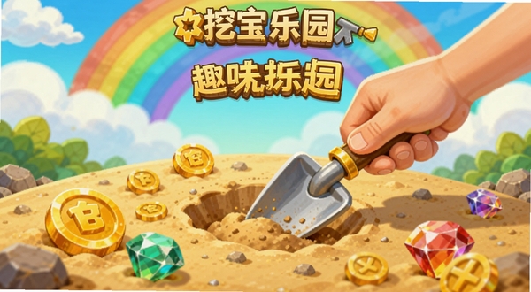 挖宝乐园趣味挖宝界面,画面中一只手拿着小铲子在沙地挖掘,周围散落金币和宝石,背景有彩虹和云朵,整体风格活泼明快,带出挖宝乐园的探索乐趣