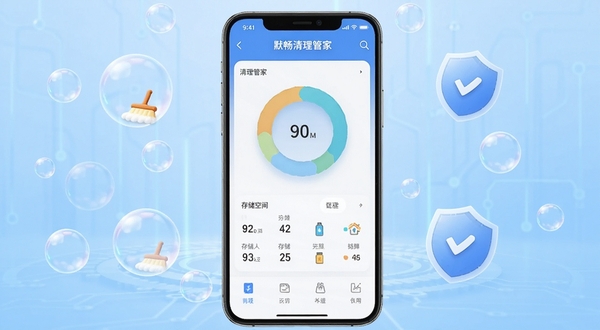 默畅清理管家软件主界面全貌展示,画面中央为手机屏幕,屏幕内呈现清理管家功能面板与存储空间环形图,背景为浅蓝色渐变科技风格,四周点缀清洁气泡与盾牌图标,整体明亮简洁适配Boogu模型生成