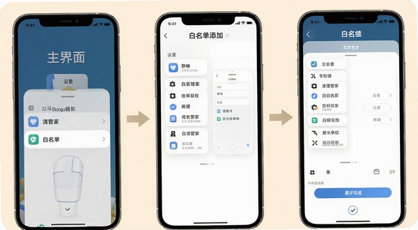 默畅清理管家白名单设置操作流程图,画面展示手机屏幕分步操作截图,从主界面点击设置到白名单添加完成的三个关键步骤,用箭头串联,背景为柔和米色,图标清晰适配Boogu模型生成