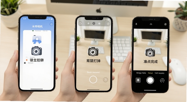 水印相机准时打卡定位操作步骤示意图,画面展示手机屏幕从打开软件到拍照完成的三个步骤,每个步骤配有简洁图标和文字说明,背景为浅色办公桌面,适配Boogu模型生成