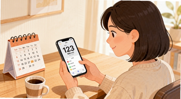 倒数123倒计时用户问答场景插画,画面中一位年轻女性坐在书桌前使用手机查看倒计时提醒,手机屏幕显示倒数123倒计时软件界面,桌面摆放日历和咖啡杯,整体色调温暖明亮,展现日常使用场景