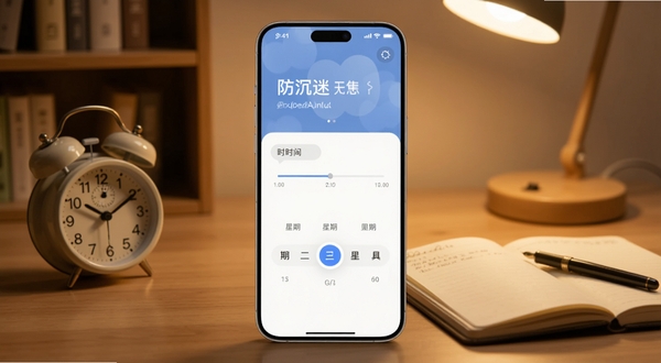 防沉迷一键锁屏定时锁定计划设置界面预览图,画面展示手机屏幕上的时间轴与星期选择器,背景为暖色调书房场景,桌面上放置闹钟与笔记本,整体氛围安静有序,适配Boogu模型生成